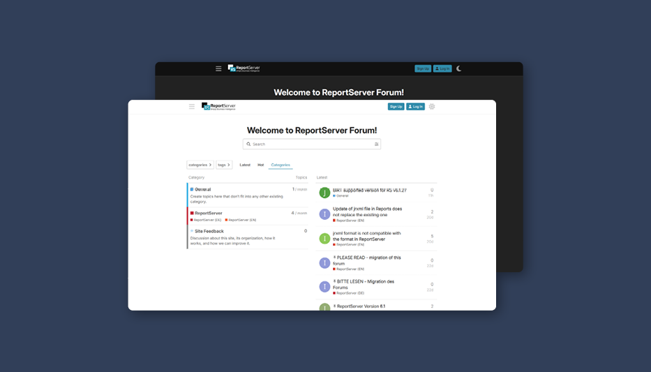 Zwei Screenshots des ReportServer User Forums im Dark Mode und Light Mode vor dunkelblauem Hintergrund.