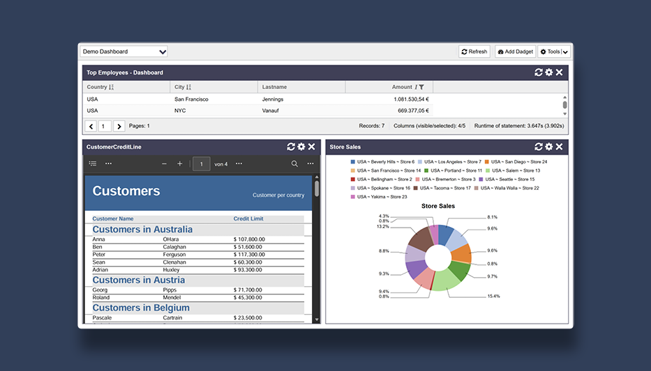 Screenshot eines ReportServer-Dashboards mit interaktiven Widgets zur Datenanalyse und Berichterstellung.