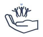 Offene Hand mit drei Personen-Piktogrammen mit erhobenen Armen und Herz als Symbol für Team Events.